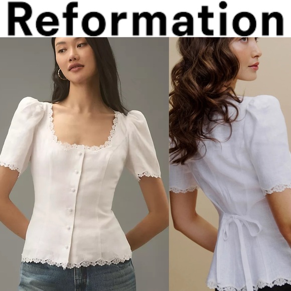 So adorable Reformation Anabella Linen Top lace trim Blouse French Causal size 8 - Picture 1 of 10
